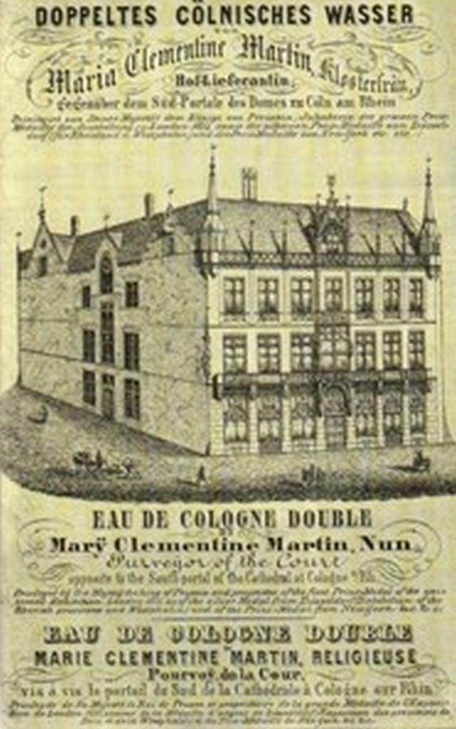 Annonce der Firma Klosterfrau für 'Doppeltes Cölnisches Wasser' mit Herausstellung des ab 1861 bezogenen neuen Firmensitzes Domkloster 3