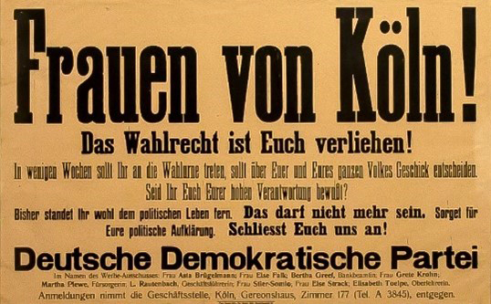 Wahlplakat zum Frauenwahlrecht in Köln für die Deutsche Demokratische Partei

